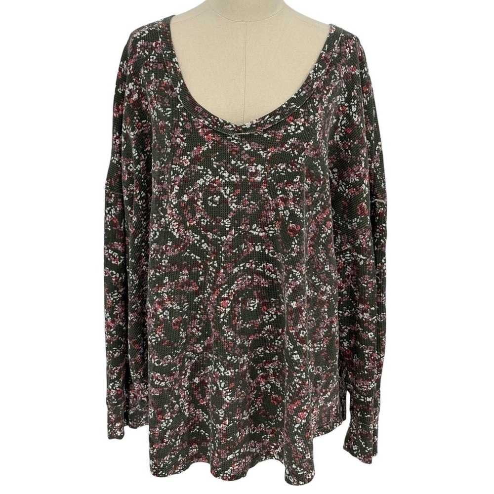 Woman Within Waffle Knit Thermal Top Olive Green Floral Plus Size 1X 22/24‎